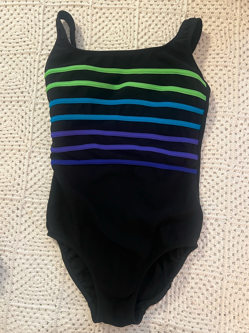 Longitude Black with Color Stripes Vintage One Piece Swimsuit Sz 12